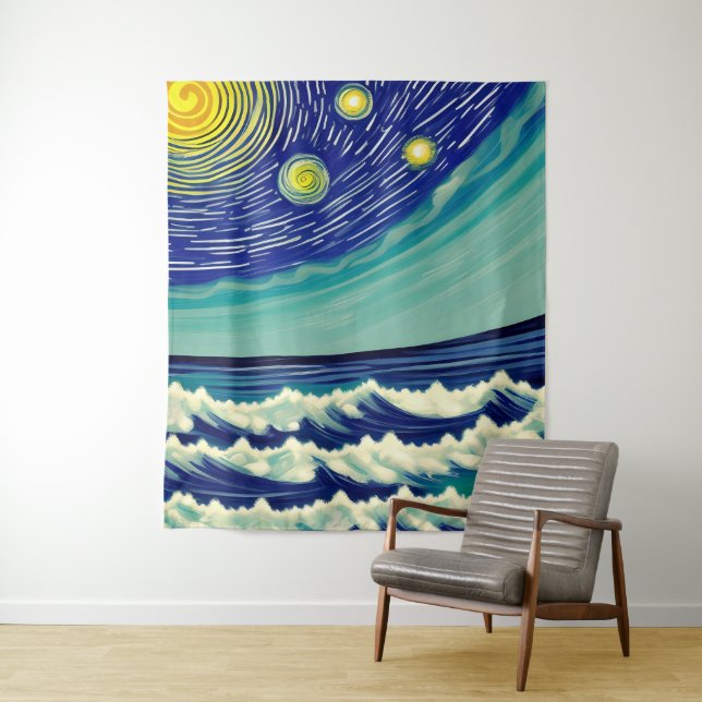 Blue and White Waves Lunar Stars Tapestry (In Situ)