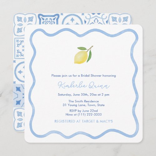 Blue And White Wavy Border Lemon Bridal Shower Invitation