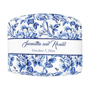 Blue and White Wedding Floral Toile Pouf