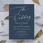 Blue and white wedding invitation. Simple invite<br><div class="desc">Simple White and Navy Blue Modern Wedding Invitation for a modern wedding formal or informal. With white impressive modern calligraphy.</div>
