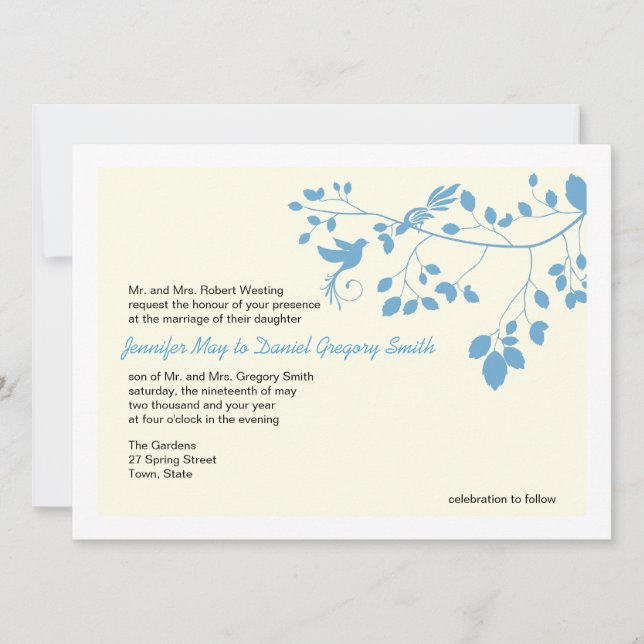 Blue And White Wedding Invites Love Birds (Front)