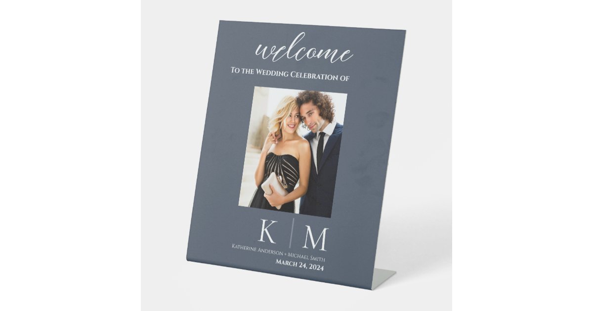Blue and White-Wedding Photo Welcome Sign- Pedestal Sign | Zazzle