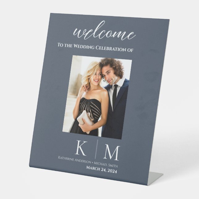 Blue and White-Wedding Photo Welcome Sign- Pedestal Sign (Front)