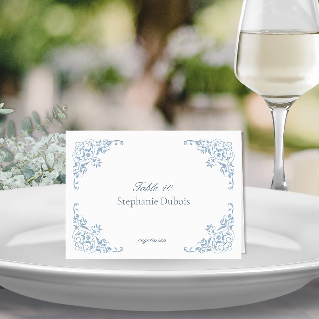 Blue and White Wedding Place Cards Meal Choice (Elegant blue and white formal wedding place card with meal choice menu item and romantic border)