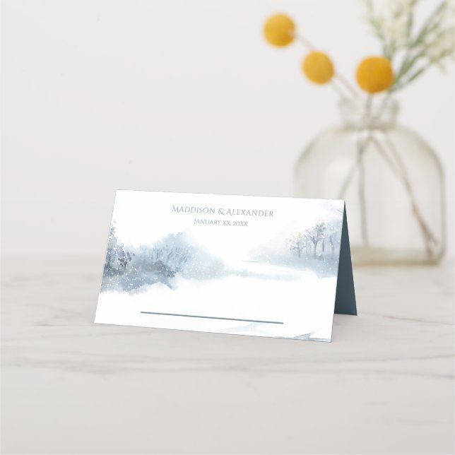 Blue and White Wedding Reception Place Card (Front)