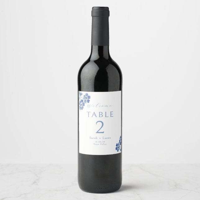 Blue and White Wedding Welcome Table Number Wine Label (Front)
