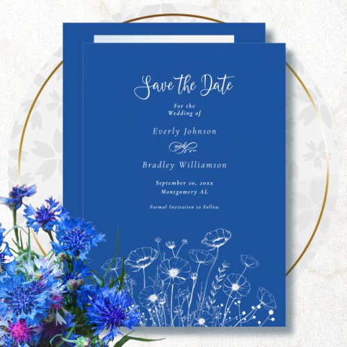 Blue and White Wildflower Save the Date Wedding Invitation