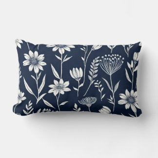 blue and white wildflowers - Block print-style Lumbar Pillow