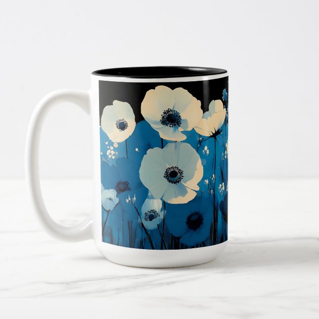 Blue and White Wildflowers Two-Tone Coffee Mug (Left)