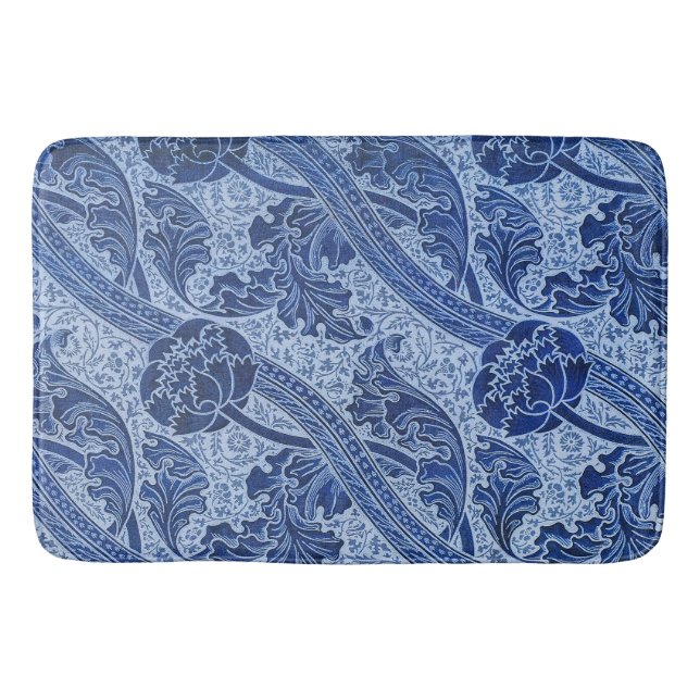 Blue and White William Morris Style Floral Bath Mat (Front)