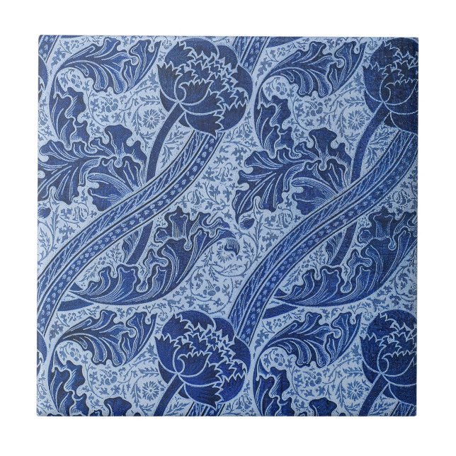 Blue and White William Morris Style Floral Ceramic Tile (Front)