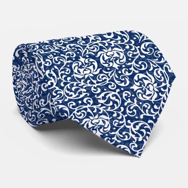 Blue and White William Morris Style Tudor Floral Tie (Rolled)