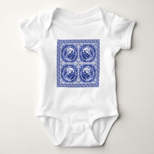 Blue and white willow pattern design baby bodysuit