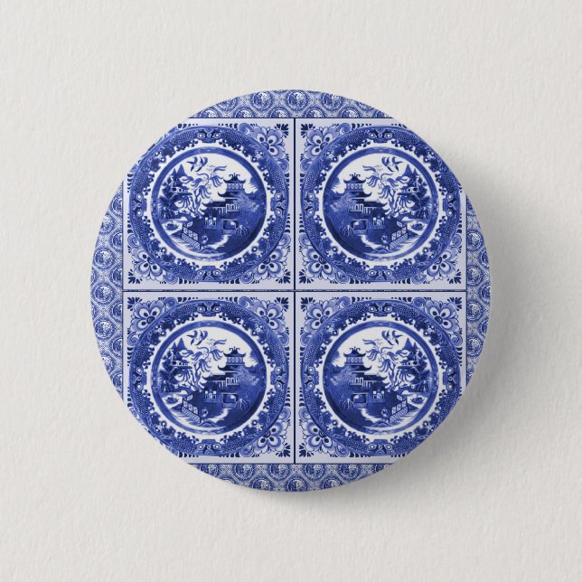 Blue and white, willow pattern design button (Front)