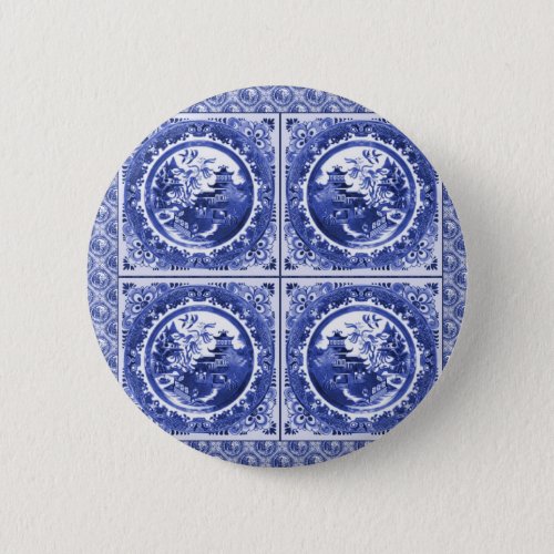 Blue and white willow pattern design button