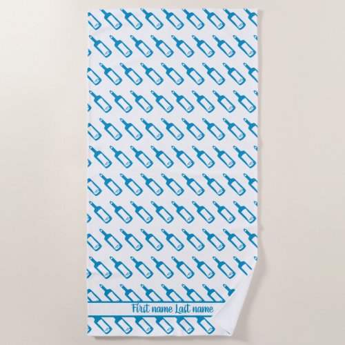 Blue and white wine bottle pattern with your name beach towel