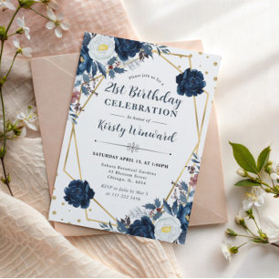 Blue and White Winter Flowers Frame Birthday Invitation