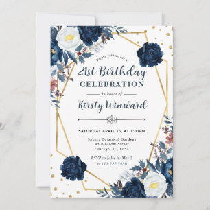Blue and White Winter Flowers Frame Birthday Invitation