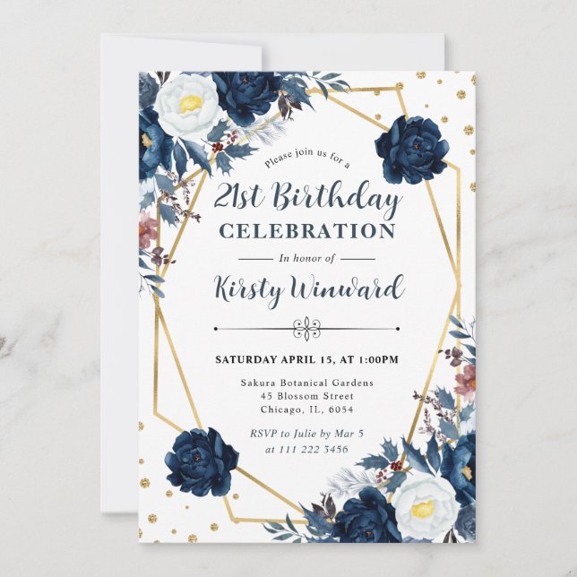 Blue and White Winter Flowers Frame Birthday Invitation (Front)