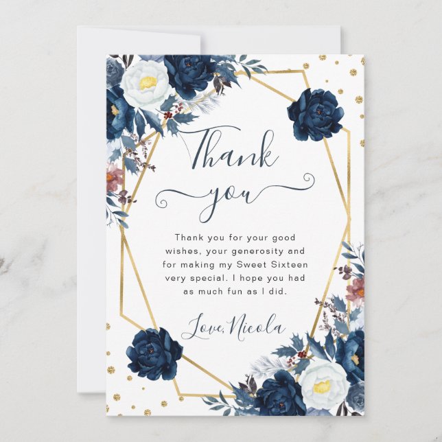 Blue and White Winter Flowers Frame Sweet 16 Thank You Card (Front)