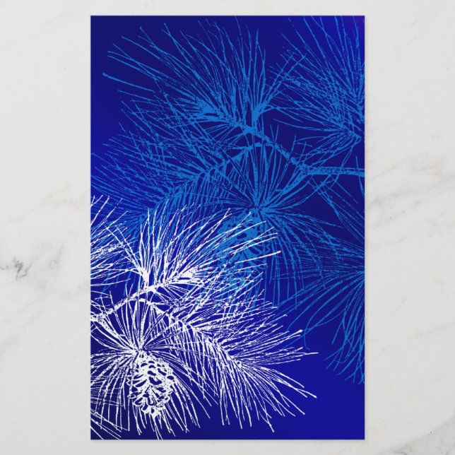 Blue and White Winter Pine Stationery (Front)