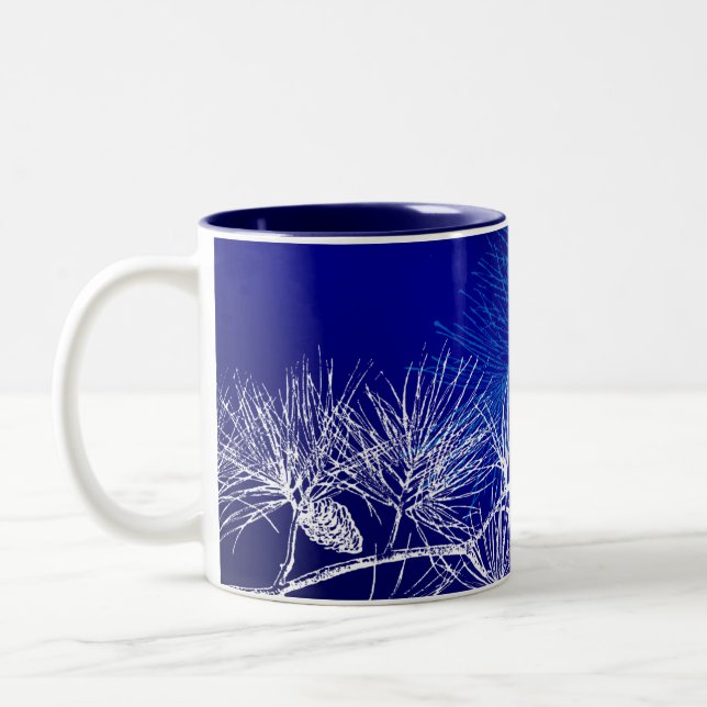 Blue and White Winter Pine Two-Tone Coffee Mug (Left)