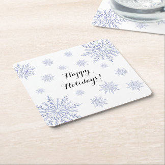 Blue and White Winter Snowflakes Happy Holidays Square Paper Coaster