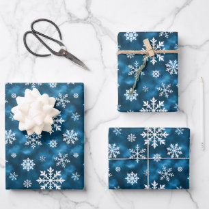 Blue And White Winter Snowflakes Pattern Wrapping Paper Sheets