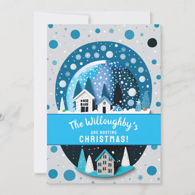 Blue and White Winter Wonderland Houses Snow Globe Invitation (Front)