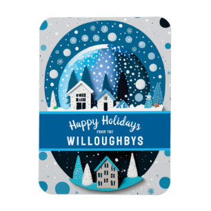 Blue and White Winter Wonderland Houses Snow Globe Magnet