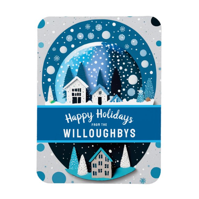 Blue and White Winter Wonderland Houses Snow Globe Magnet (Vertical)