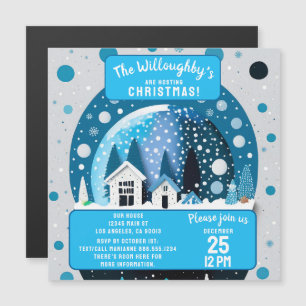 Blue and White Winter Wonderland Houses Snow Globe Magnetic Invitation
