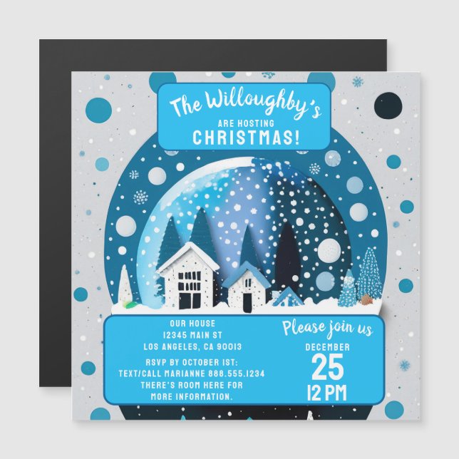 Blue and White Winter Wonderland Houses Snow Globe Magnetic Invitation (Front/Back)