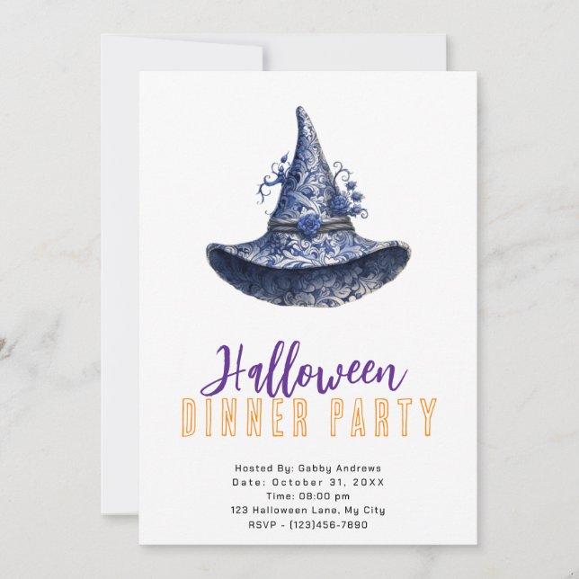 Blue and White Witches Hat Halloween Dinner Party Invitation (Front)