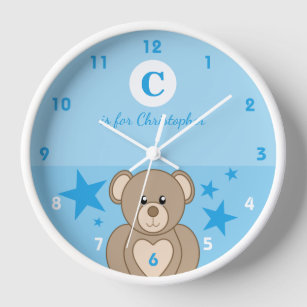 Blue and white with a cute teddy stars baby name clock