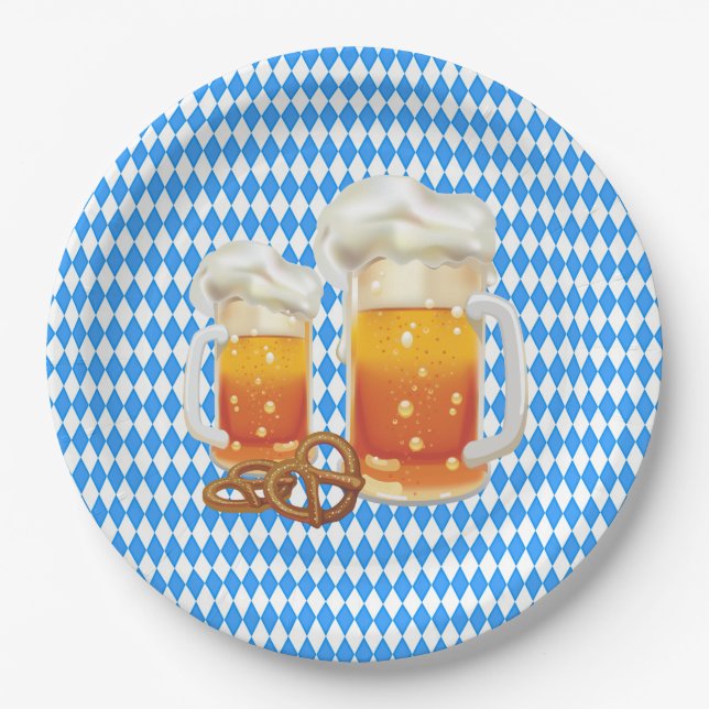 Blue and White with Beer Steins Oktoberfest Paper Plates (Front)