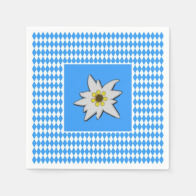 Blue and White with Edelweiss Oktoberfest  Napkins (Front)