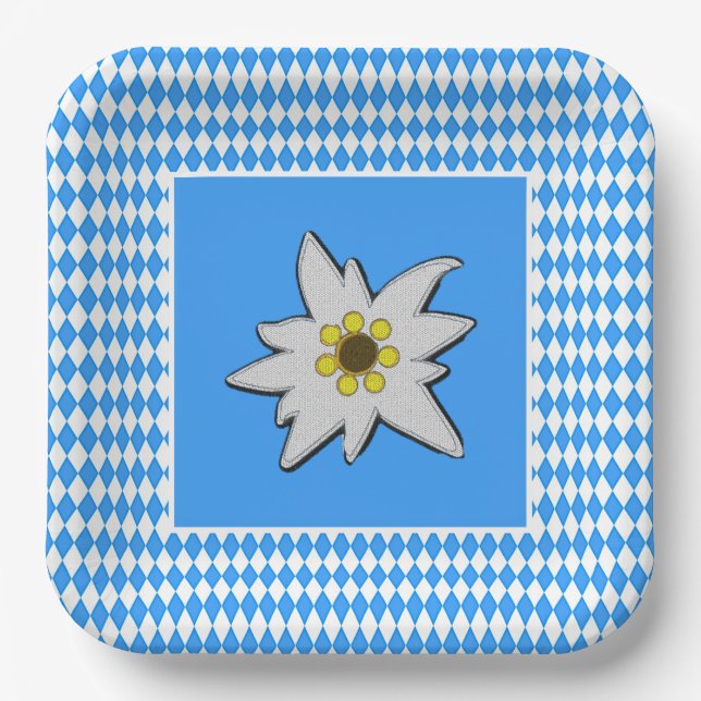 Blue and White with Edelweiss Oktoberfest Paper Plates (Front)