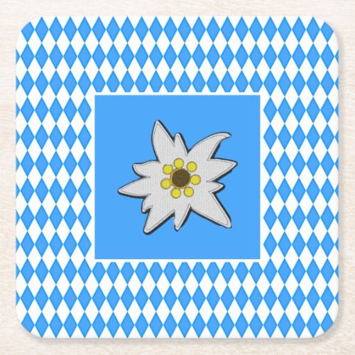 Blue and White with Edelweiss Oktoberfest  Square Paper Coaster