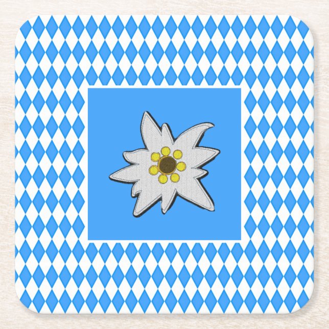 Blue and White with Edelweiss Oktoberfest  Square Paper Coaster (Front)