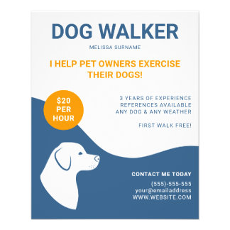 Blue And White With Orange Dog Walker Template Flyer