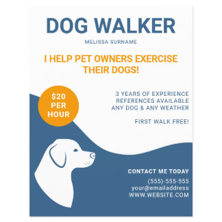 Blue And White With Orange Dog Walker Template Flyer
