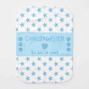 Blue and white with stars and name baby burp cloth