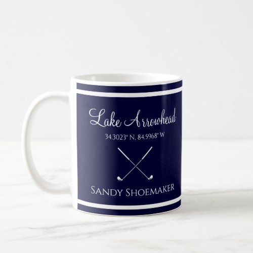 Blue and White with your lakes name Golfers Coff Coffee Mug