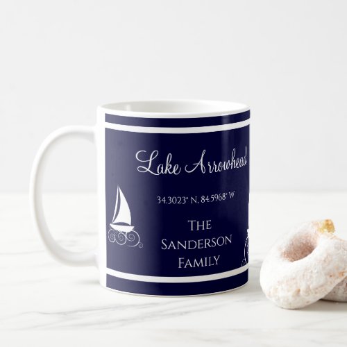 Blue and White with your lakes name  Sailboat Coffee Mug