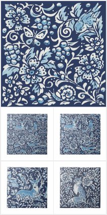 BLUE and WHITE WOODLAND ANIMAL TILE, PILLOWS 