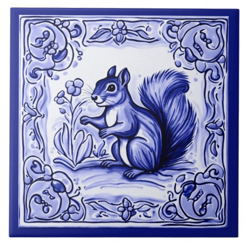 Blue and White Woodland Squirrel Folk Animal Art Ceramic Tile