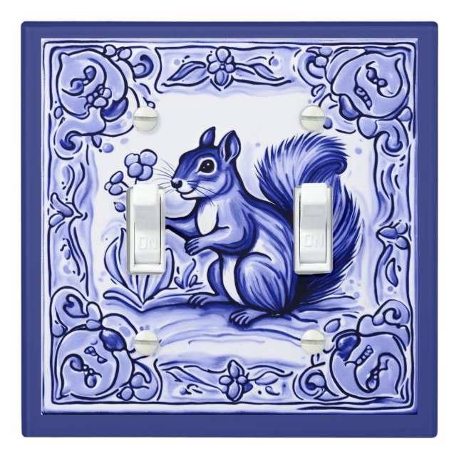 Blue and White Woodland Squirrel Folk Animal Art Light Switch Cover (In Situ)
