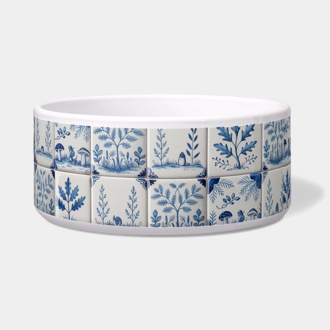 Blue and white woodland tile cat or dog bowl (Front)