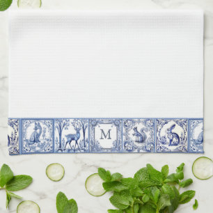 Blue and White Woodland Tiles Custom Monogram Kitchen Towel
